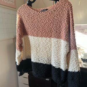 Velvet Colorblock Popcorn Knit Sweater - Dusty Rose/White/Black